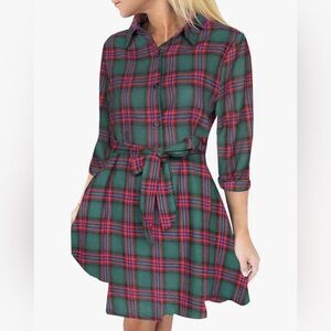 Long sleeved plaid dress with tie